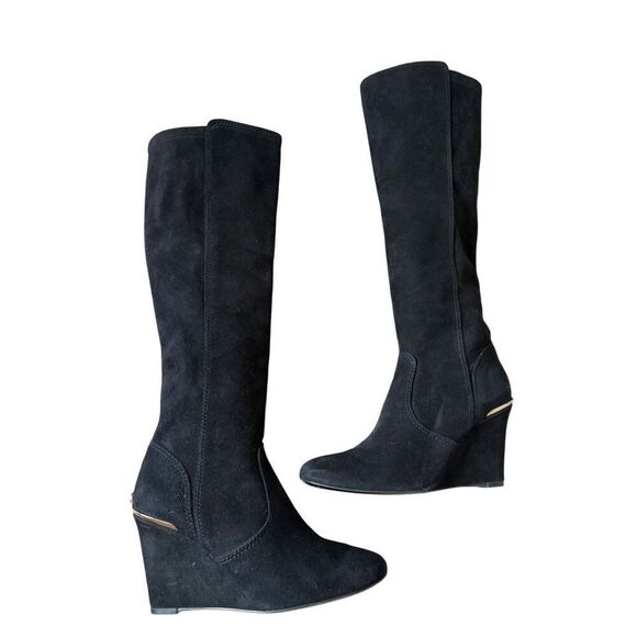 Tory Burch Suede Knee Wedge Tall High Boots size 7.5 Black - Picture 1 of 11